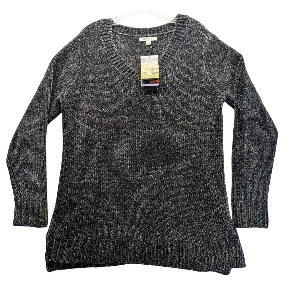 Orvis Chenille Sweater Womens Large Marled Navy V-Neck Long Sleeve 1420674‎